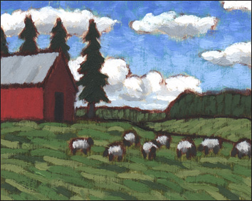 Sheep and Red Barn