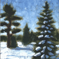 Snow and Evergreen #1 - 
                        H: 5
                          
                        W: 4
                         - 
                        Snow and spruce in the winter sunlight.  Oil on birch panel with hand-crafted shadow box type frame. 
                        